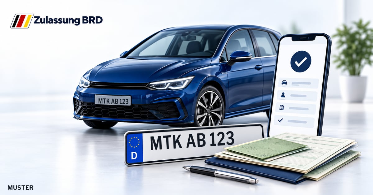Online Fahrzeugzulassung in Kriftel: Musterkennzeichen MTK AB 123, Auto und Fahrzeugpapiere und Smartphone. Illustration mit Logo von Zulassung BRD.